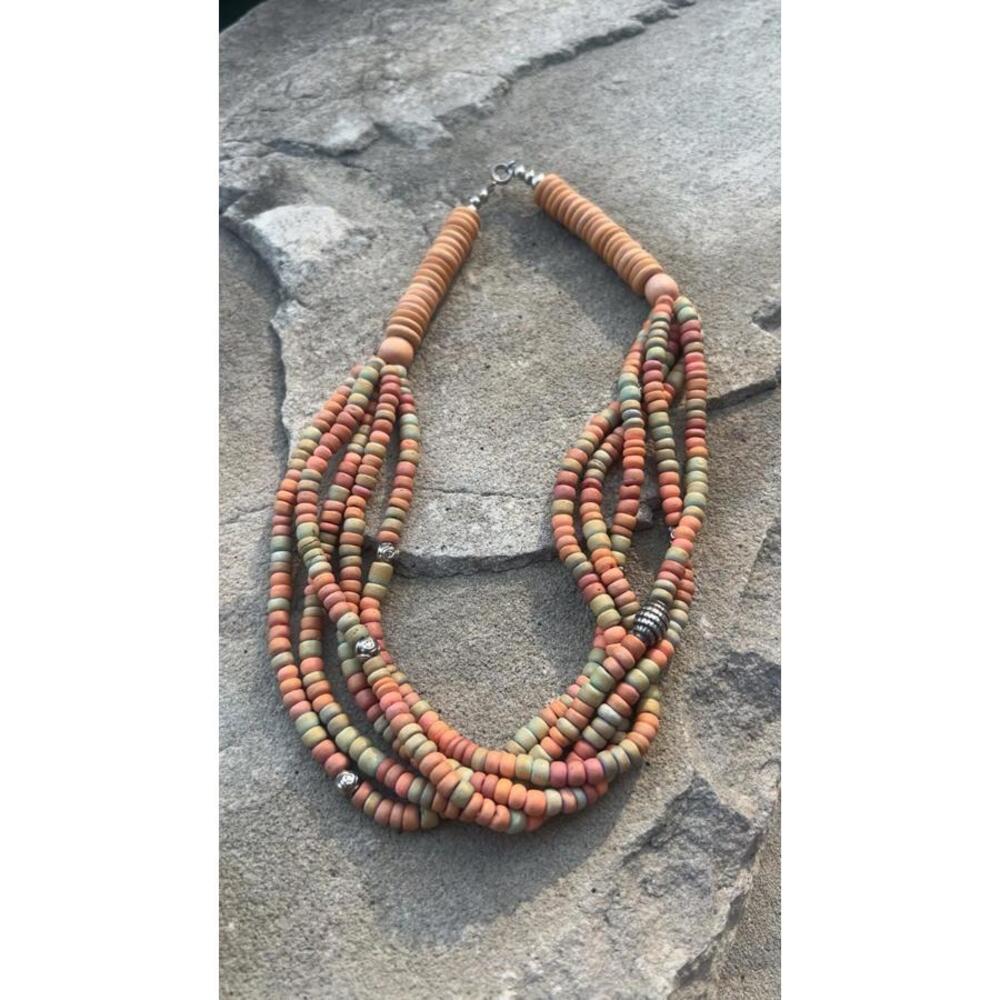 Vintage Earthy Tones Wood Beaded 5 Strands Necklace Boho With Silver Toned Beads